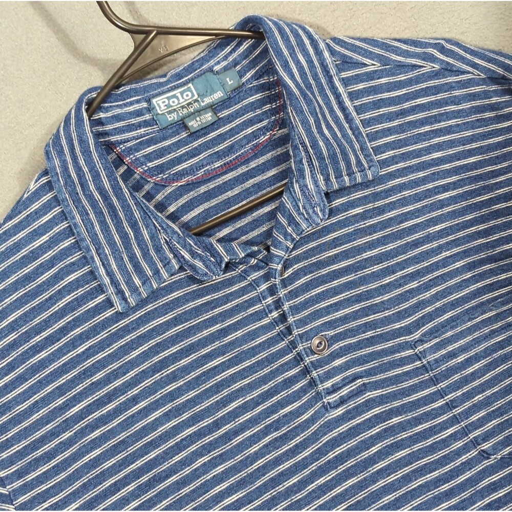 Polo Ralph Lauren Shirt Men's L Blue Striped Cotton Polo Short Sleeve